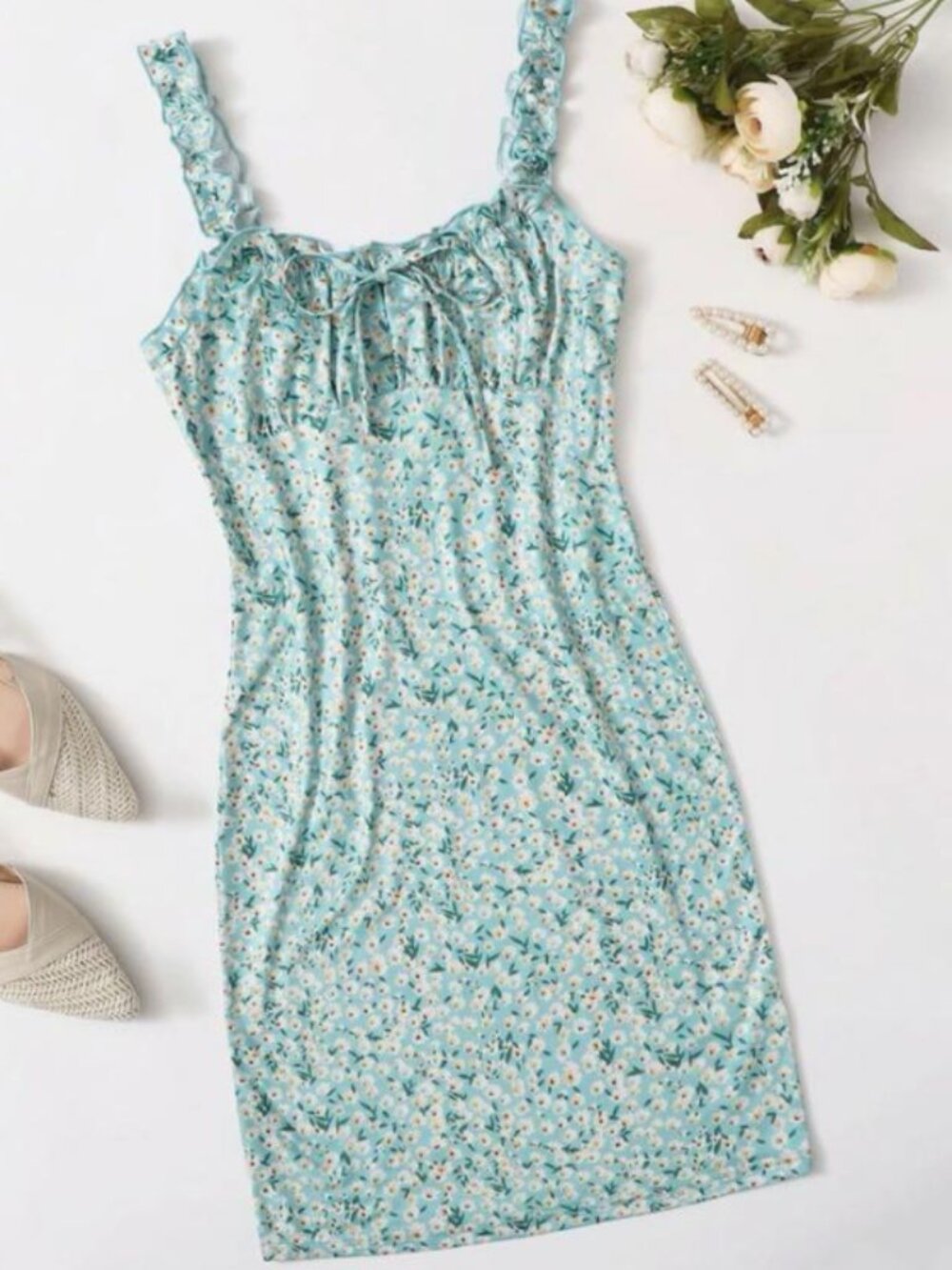Shein Ditsy Floral Light Blue Ruffle Strap Ruched Bust Tie Front Mini Dress